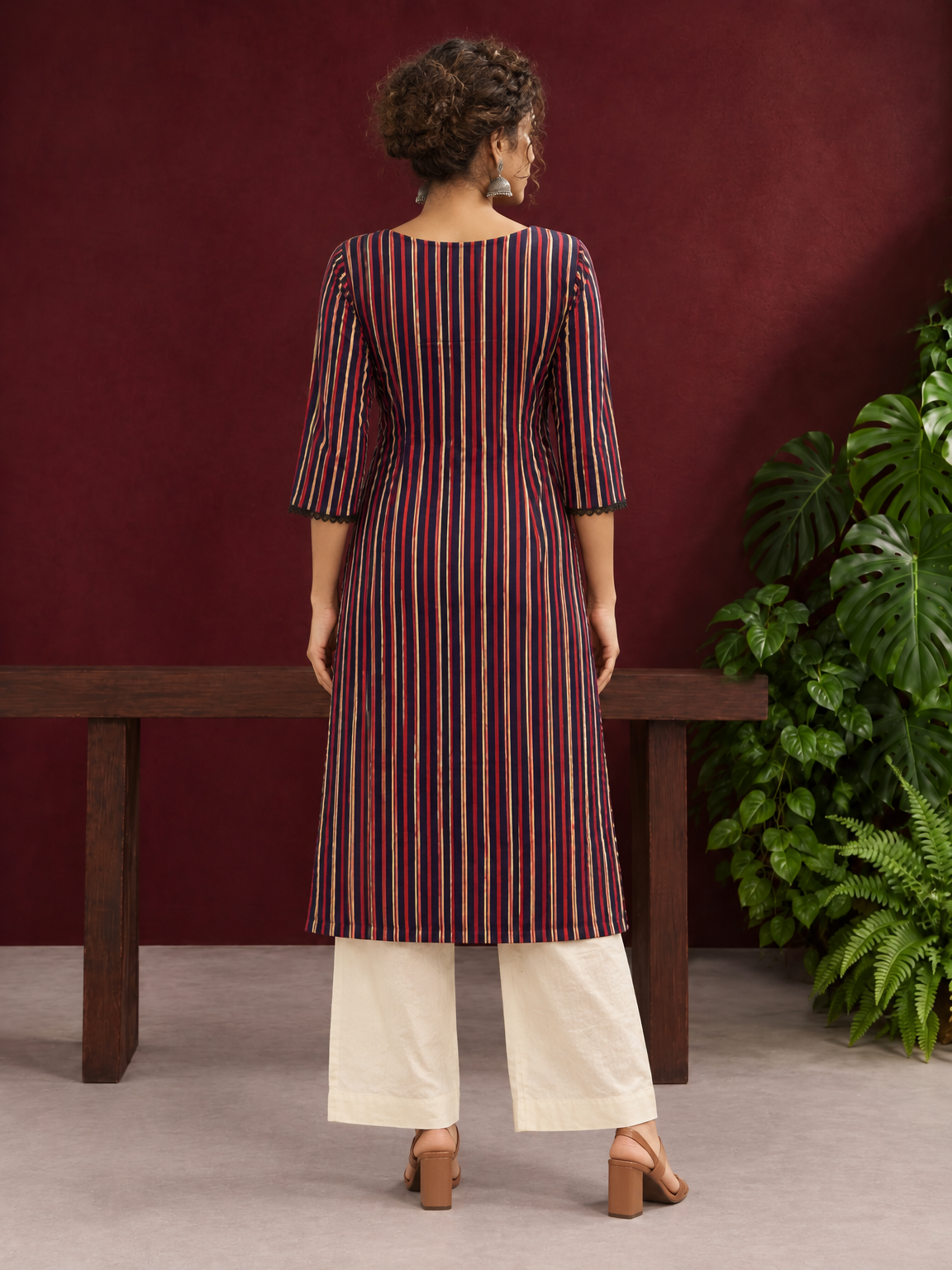 Classic Striped Cotton Kurta with Contrast Yoke Panel & Black Lace Trimmed Cuffs — back view