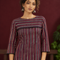 Classic Striped Cotton Kurta with Contrast Yoke Panel & Black Lace Trimmed Cuffs — fabric detail