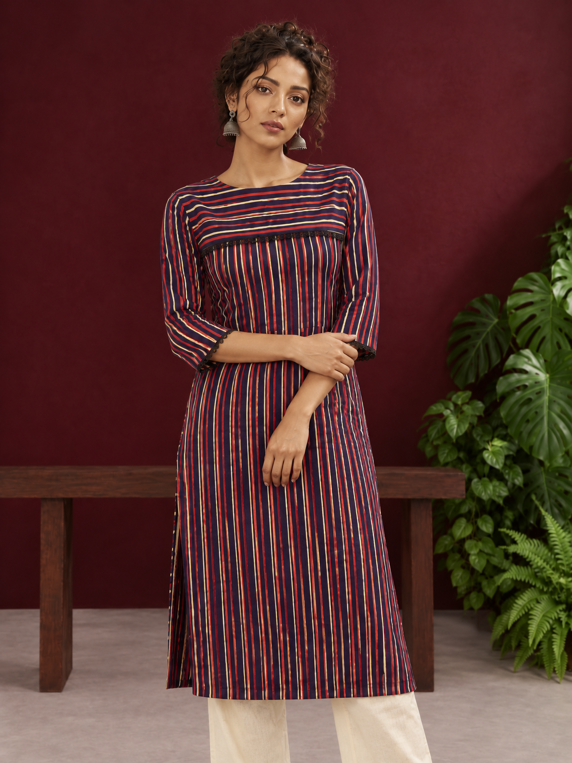Classic Striped Cotton Kurta with Contrast Yoke Panel & Black Lace Trimmed Cuffs — styled view