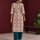 Beige Cotton Kurta with Tribal Motif Print & Contrast Teal Blue V-Neck Panel — back view
