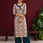 Beige Cotton Kurta with Tribal Motif Print & Contrast Teal Blue V-Neck Panel — front view