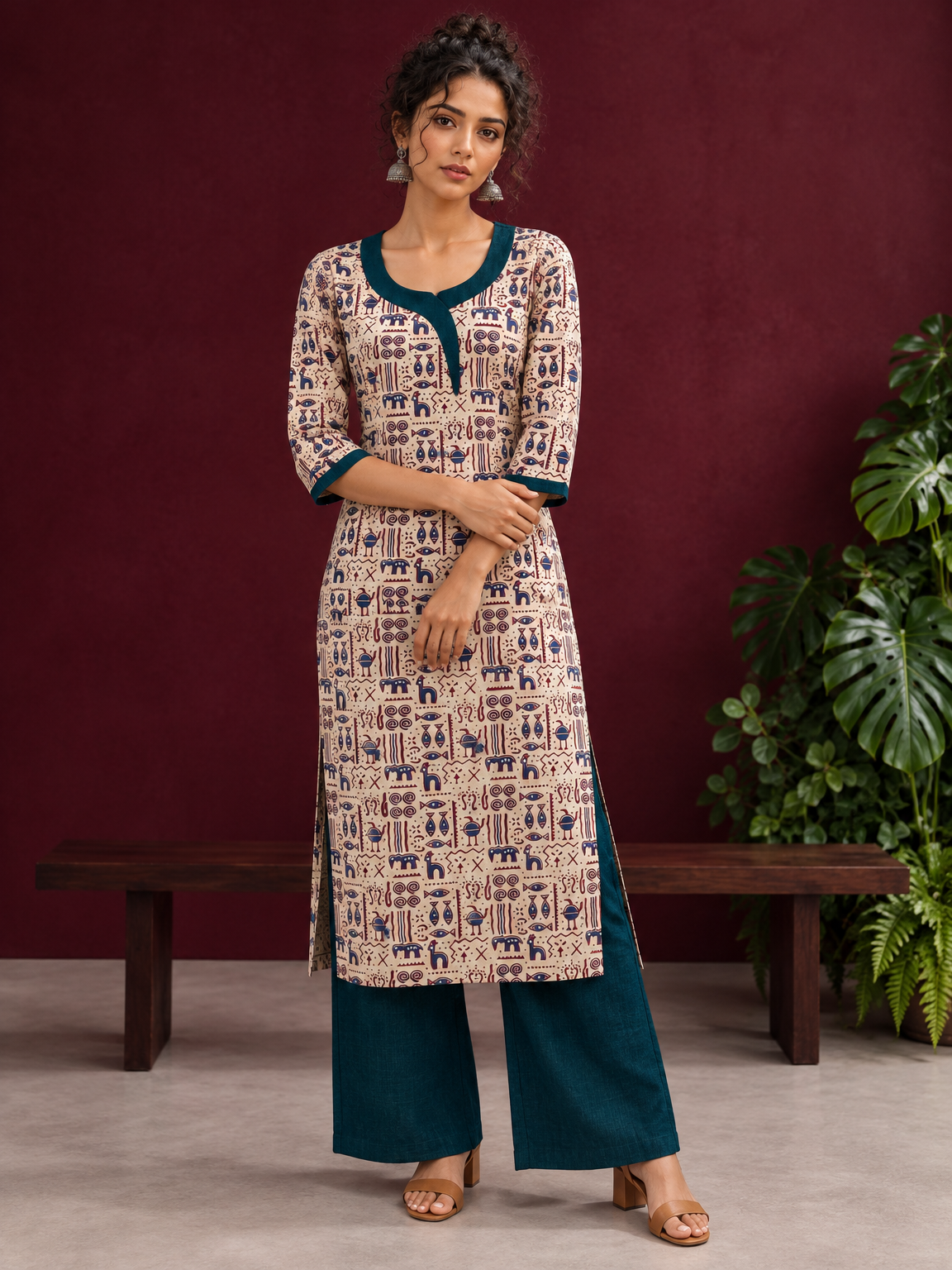 Beige Cotton Kurta with Tribal Motif Print & Contrast Teal Blue V-Neck Panel — front view