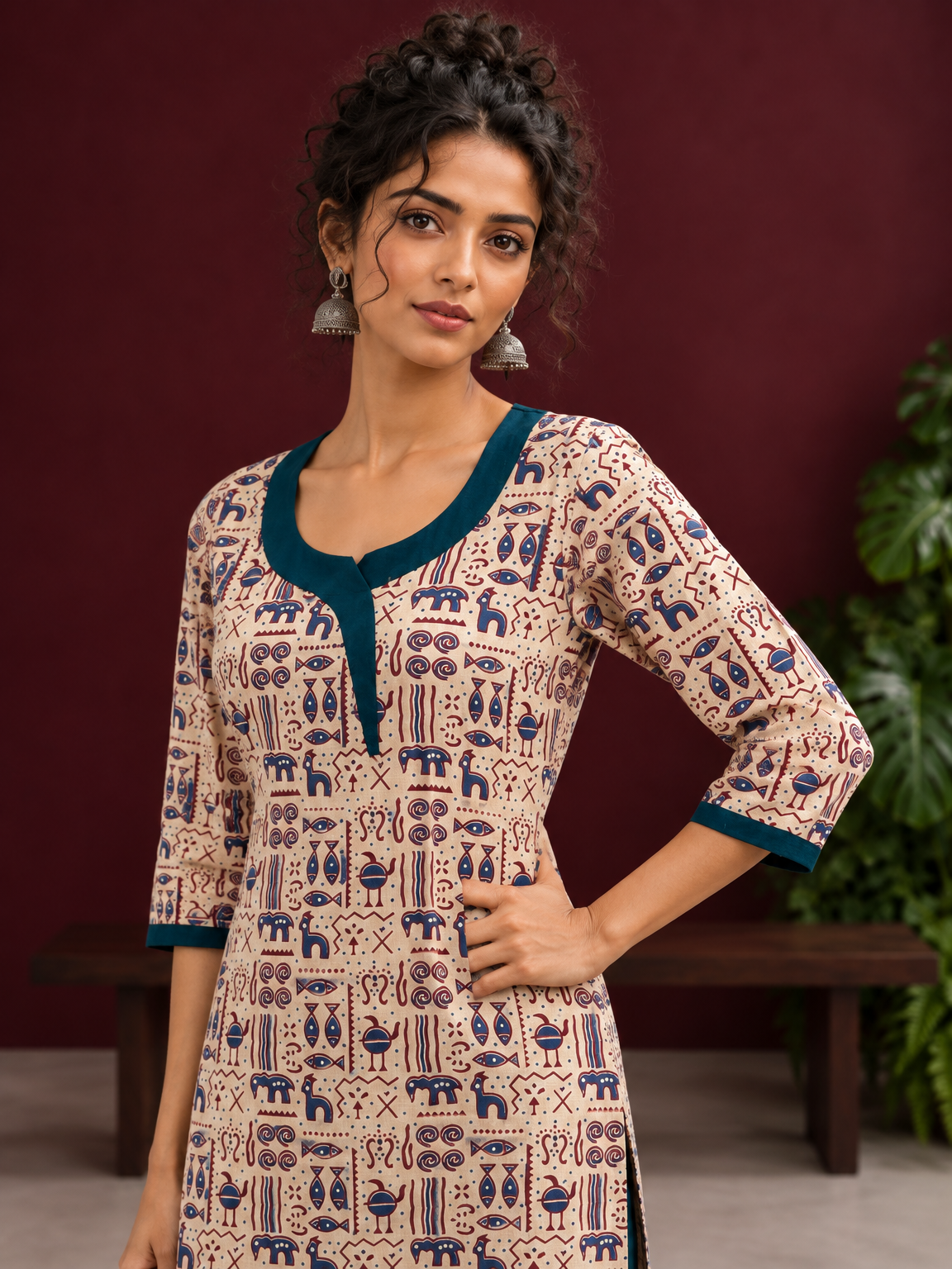 Beige Cotton Kurta with Tribal Motif Print & Contrast Teal Blue V-Neck Panel — styled view