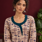 Beige Cotton Kurta with Tribal Motif Print & Contrast Teal Blue V-Neck Panel — fabric detail