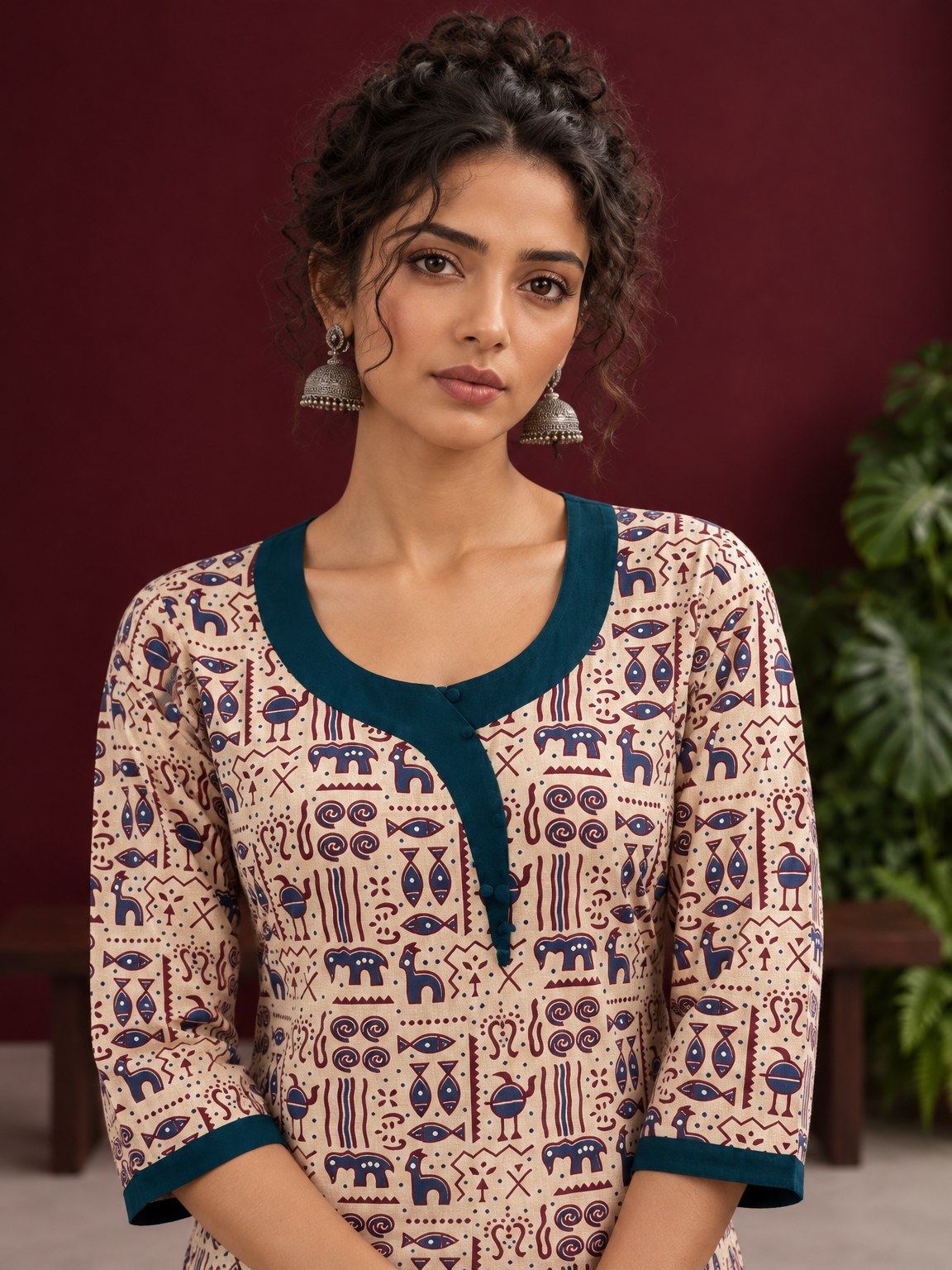 Beige Cotton Kurta with Tribal Motif Print & Contrast Teal Blue V-Neck Panel — fabric detail