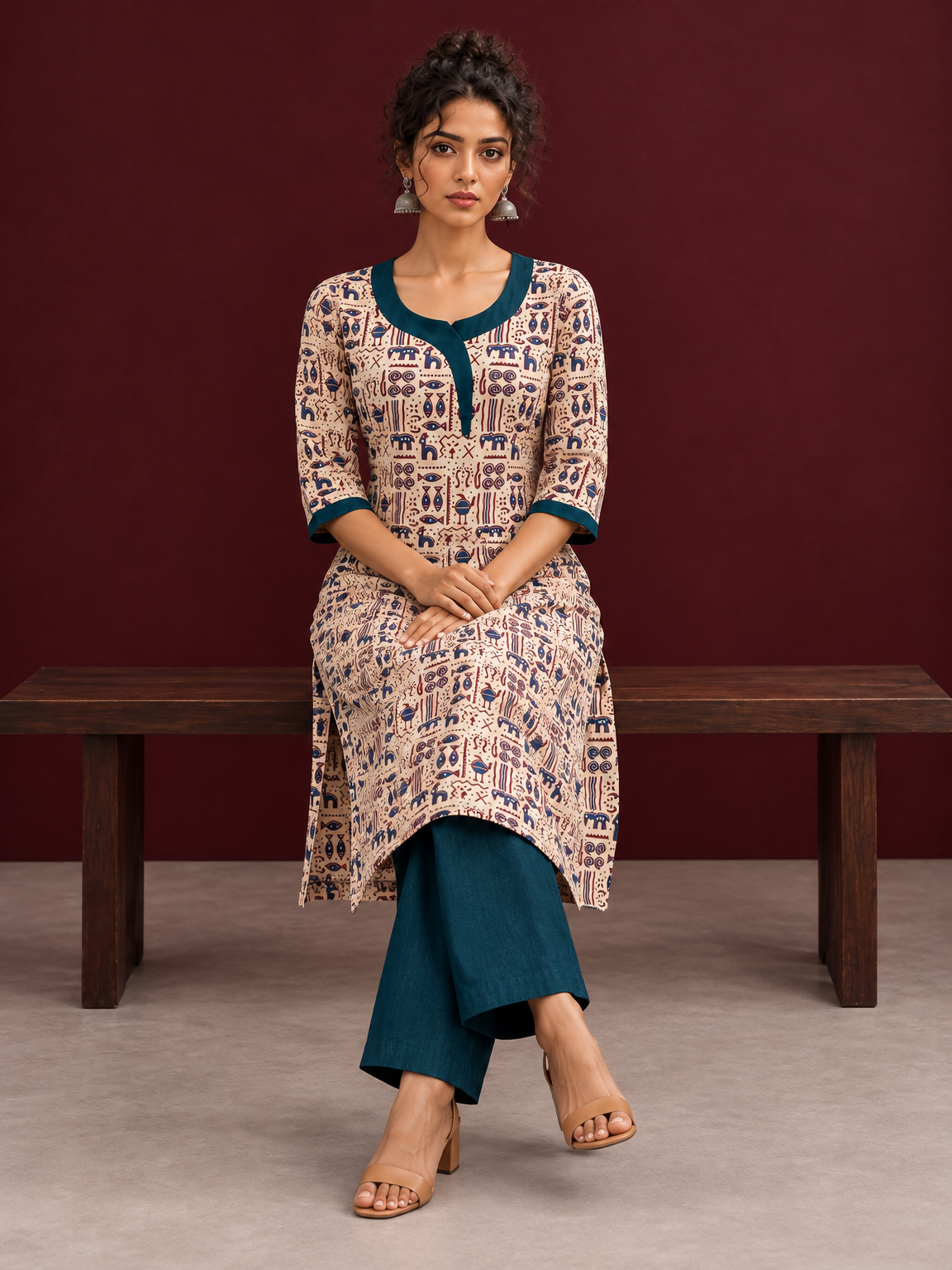 Beige Cotton Kurta with Tribal Motif Print & Contrast Teal Blue V-Neck Panel — seated