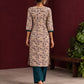 Beige Cotton Kurta with Tribal Motif Print & Contrast Teal Blue V-Neck Panel