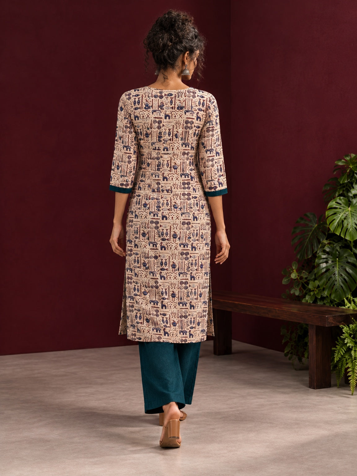 Beige Cotton Kurta with Tribal Motif Print & Contrast Teal Blue V-Neck Panel
