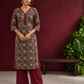 Timeless Black Ajrakh Print Cotton Kurta with Maroon V-Neck — front view