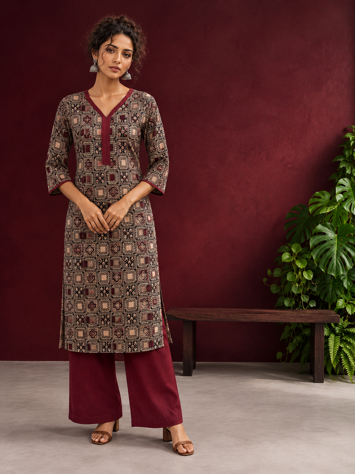 Timeless Black Ajrakh Print Cotton Kurta with Maroon V-Neck — front view