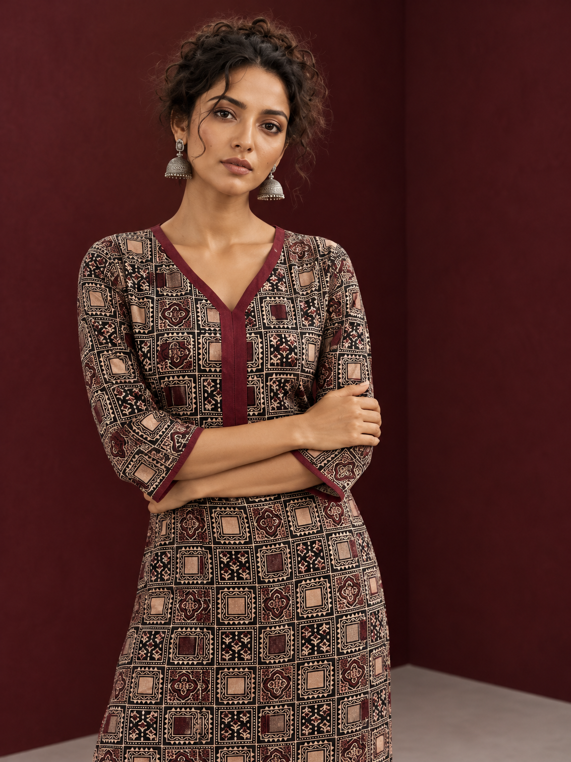 Timeless Black Ajrakh Print Cotton Kurta with Maroon V-Neck — styled view