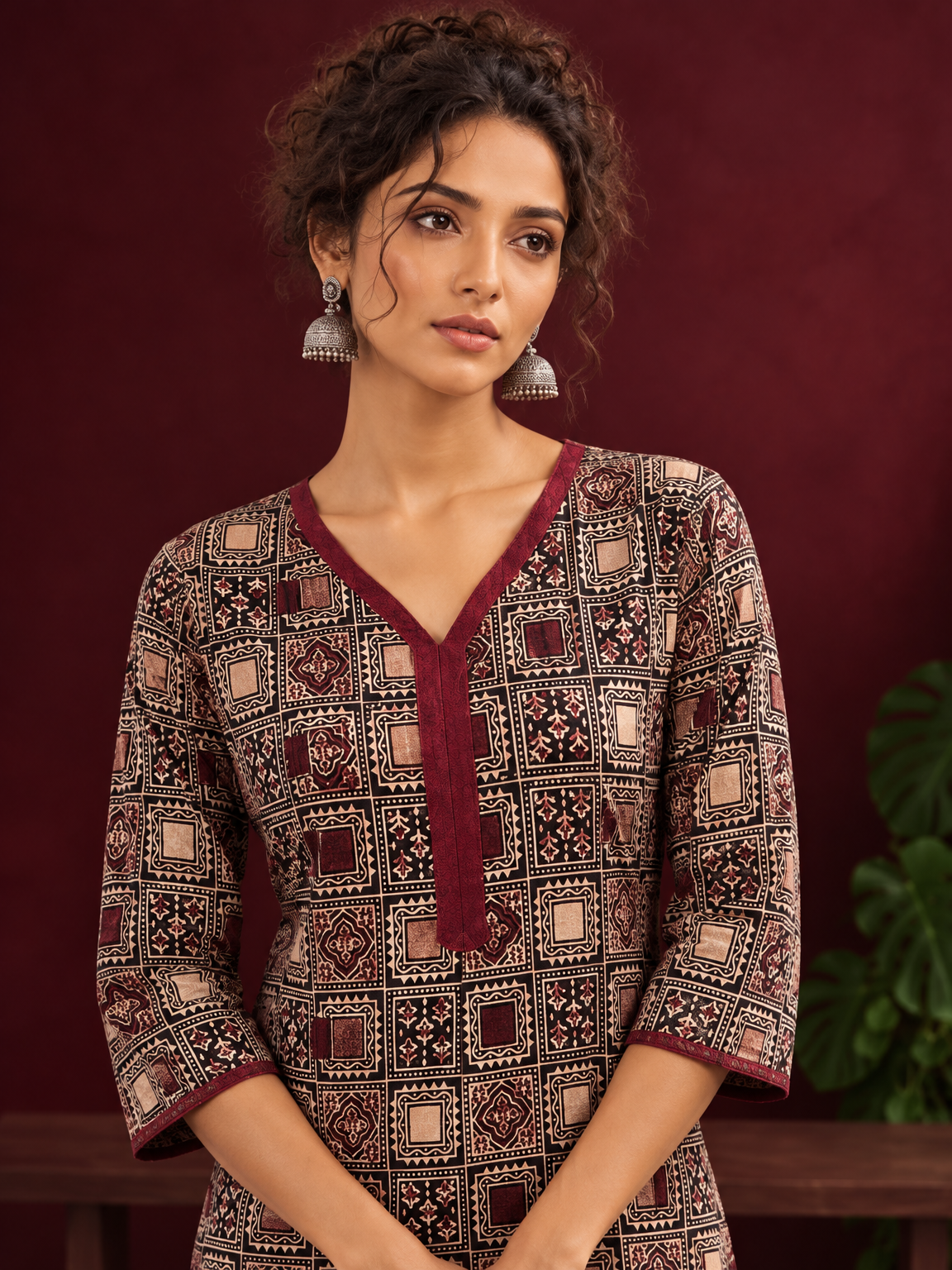 Timeless Black Ajrakh Print Cotton Kurta with Maroon V-Neck — fabric detail