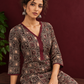 Timeless Black Ajrakh Print Cotton Kurta with Maroon V-Neck — seated detail
