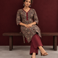 Timeless Black Ajrakh Print Cotton Kurta with Maroon V-Neck — seated