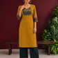 Mustard Yellow Cotton Silk Kurta with Ikat Yoke and Contrast Sleeve Cuffs — front view
