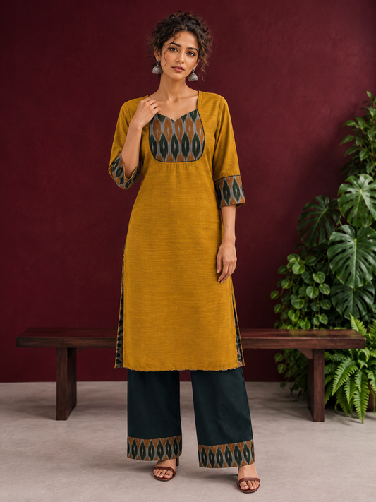 Mustard Yellow Cotton Silk Kurta with Ikat Yoke and Contrast Sleeve Cuffs — front view