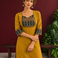 Mustard Yellow Cotton Silk Kurta with Ikat Yoke and Contrast Sleeve Cuffs — styled view