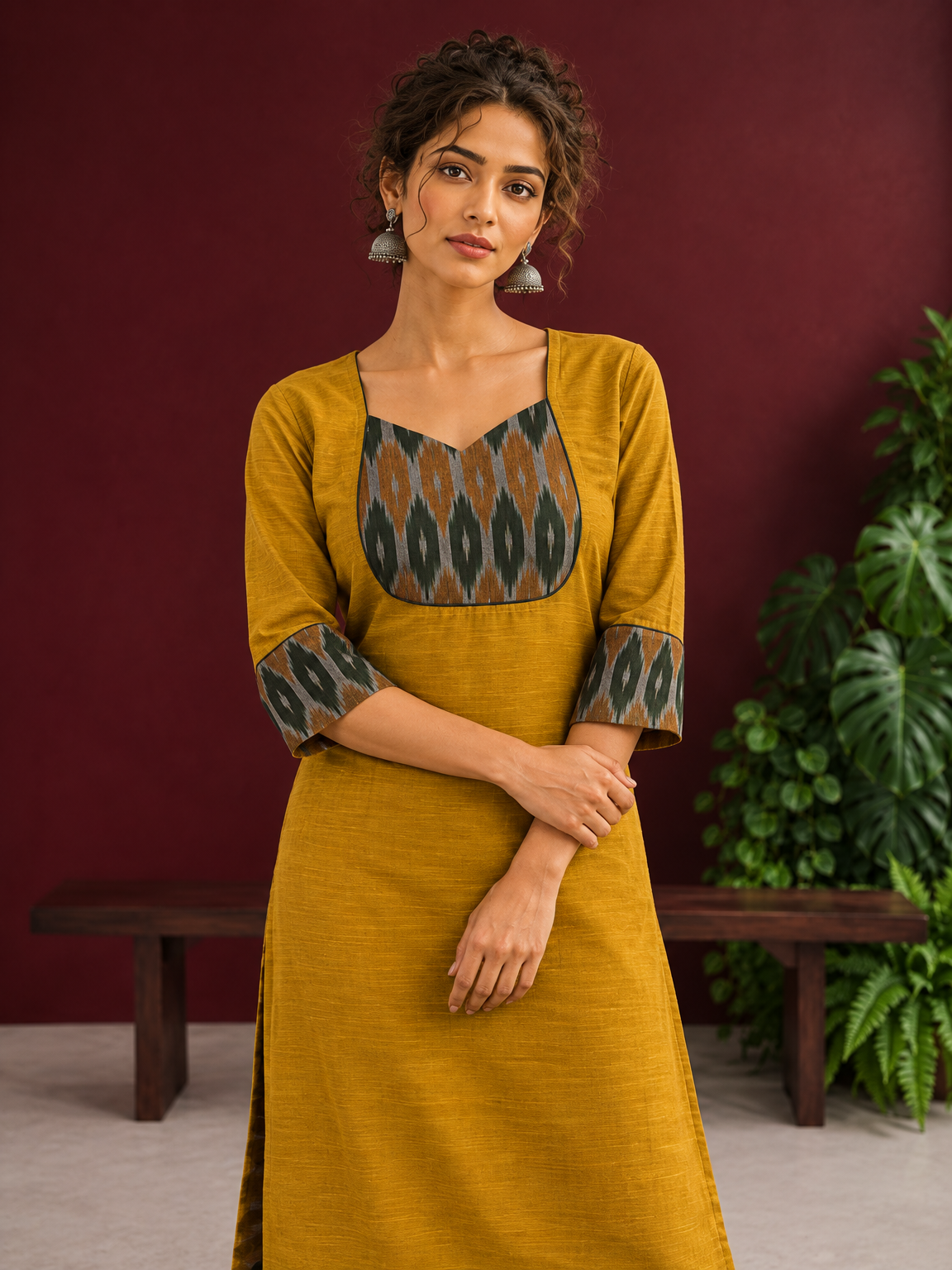 Mustard Yellow Cotton Silk Kurta with Ikat Yoke and Contrast Sleeve Cuffs — styled view
