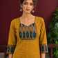 Mustard Yellow Cotton Silk Kurta with Ikat Yoke and Contrast Sleeve Cuffs — fabric detail