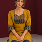 Mustard Yellow Cotton Silk Kurta with Ikat Yoke and Contrast Sleeve Cuffs — seated detail