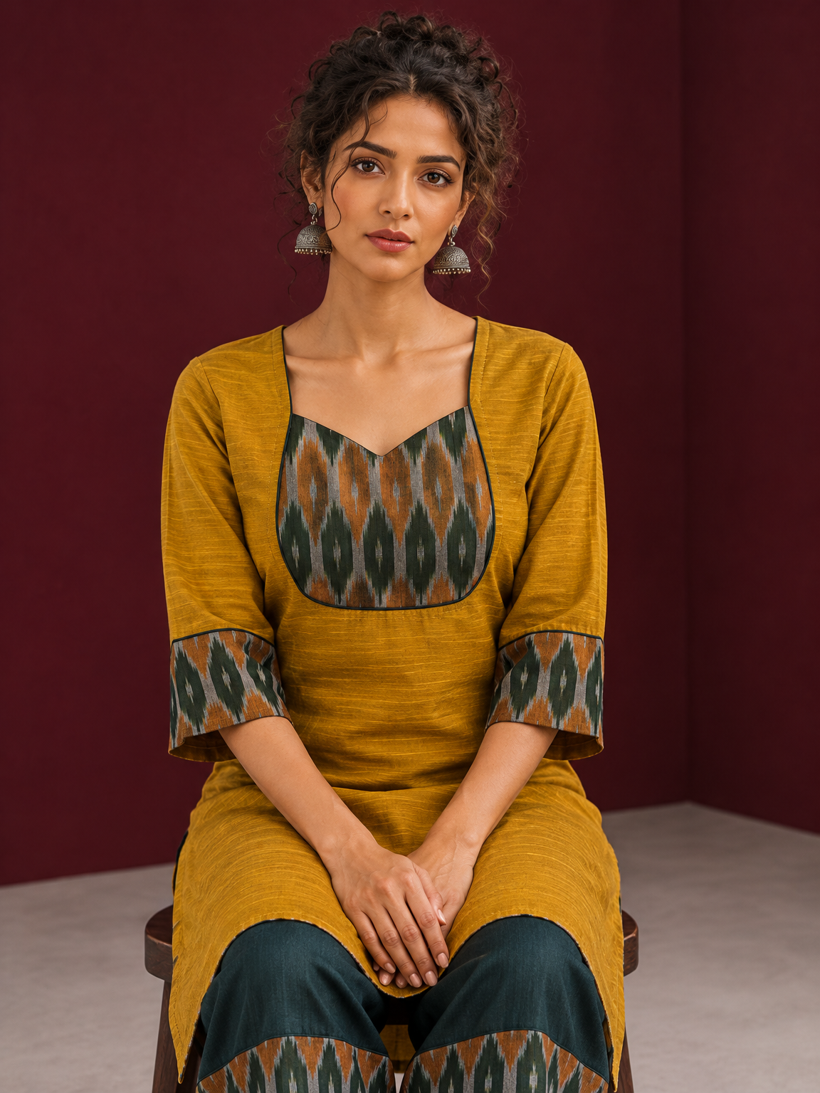 Mustard Yellow Cotton Silk Kurta with Ikat Yoke and Contrast Sleeve Cuffs — seated detail