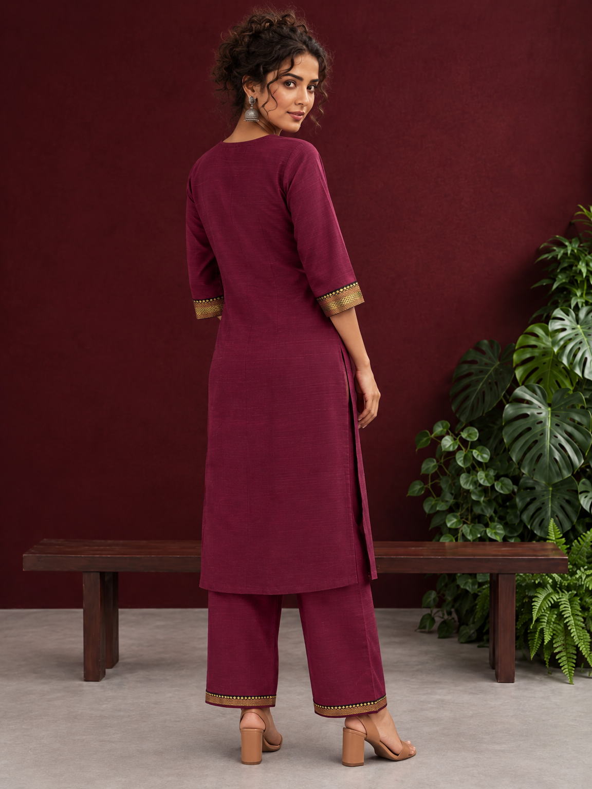 Elegant Maroon Silk Kurta with Contrast Golden Zari Border Placket & Coordinated Sleeve Cuffs — back view