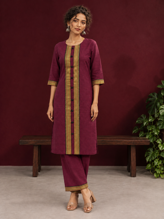 Elegant Maroon Silk Kurta with Contrast Golden Zari Border Placket & Coordinated Sleeve Cuffs — front view