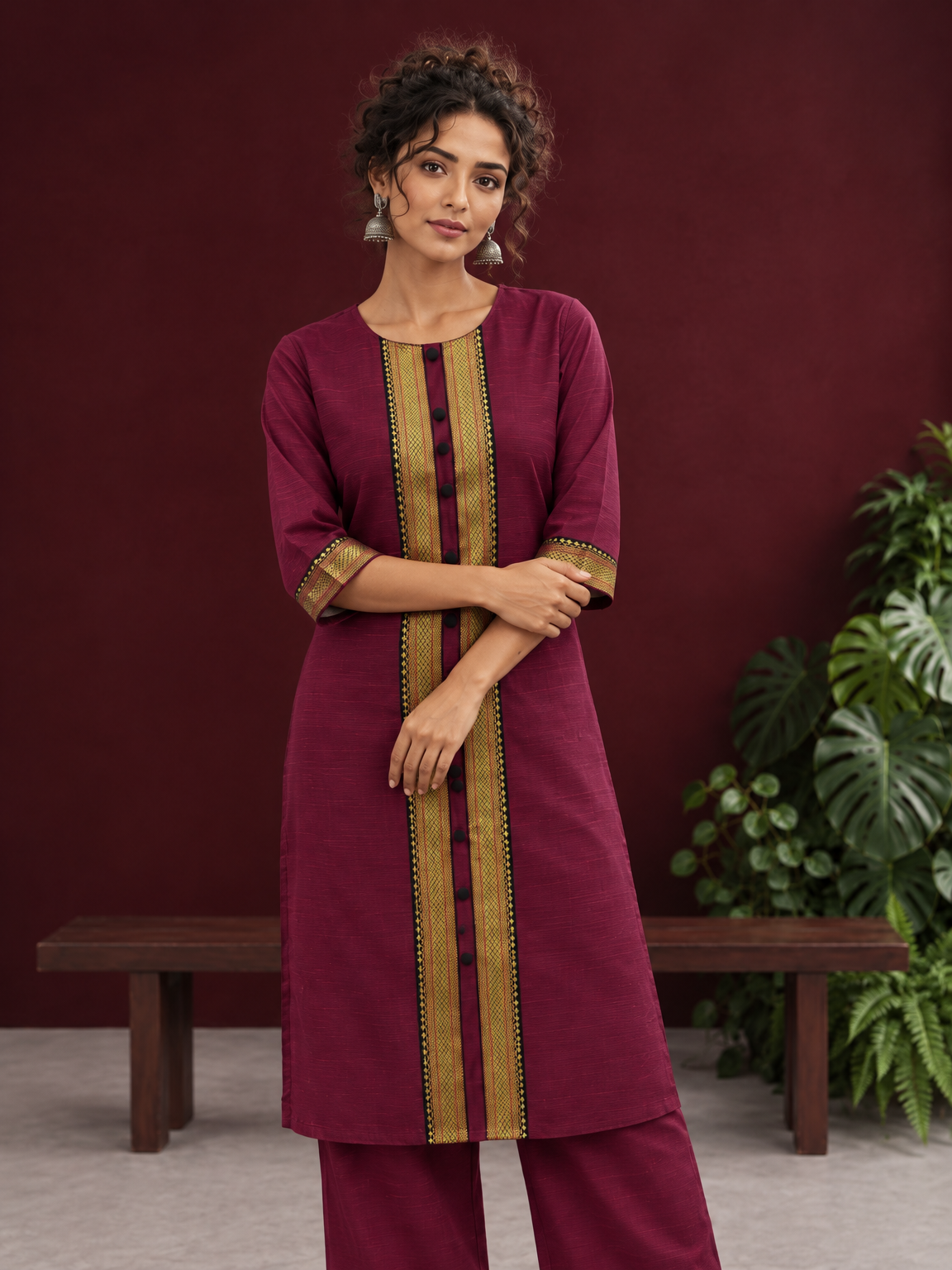 Elegant Maroon Silk Kurta with Contrast Golden Zari Border Placket & Coordinated Sleeve Cuffs — styled view