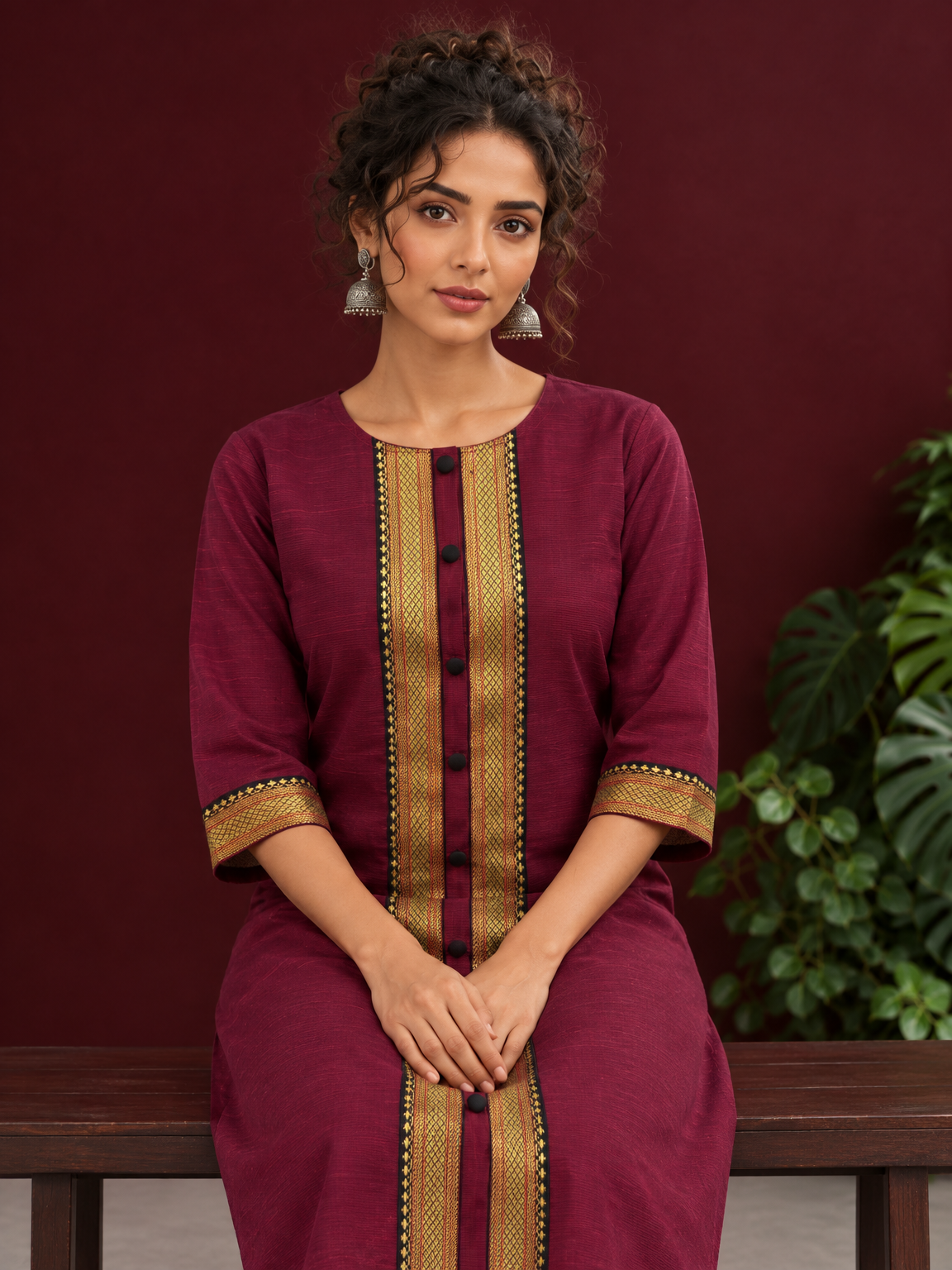 Elegant Maroon Silk Kurta with Contrast Golden Zari Border Placket & Coordinated Sleeve Cuffs — seated detail