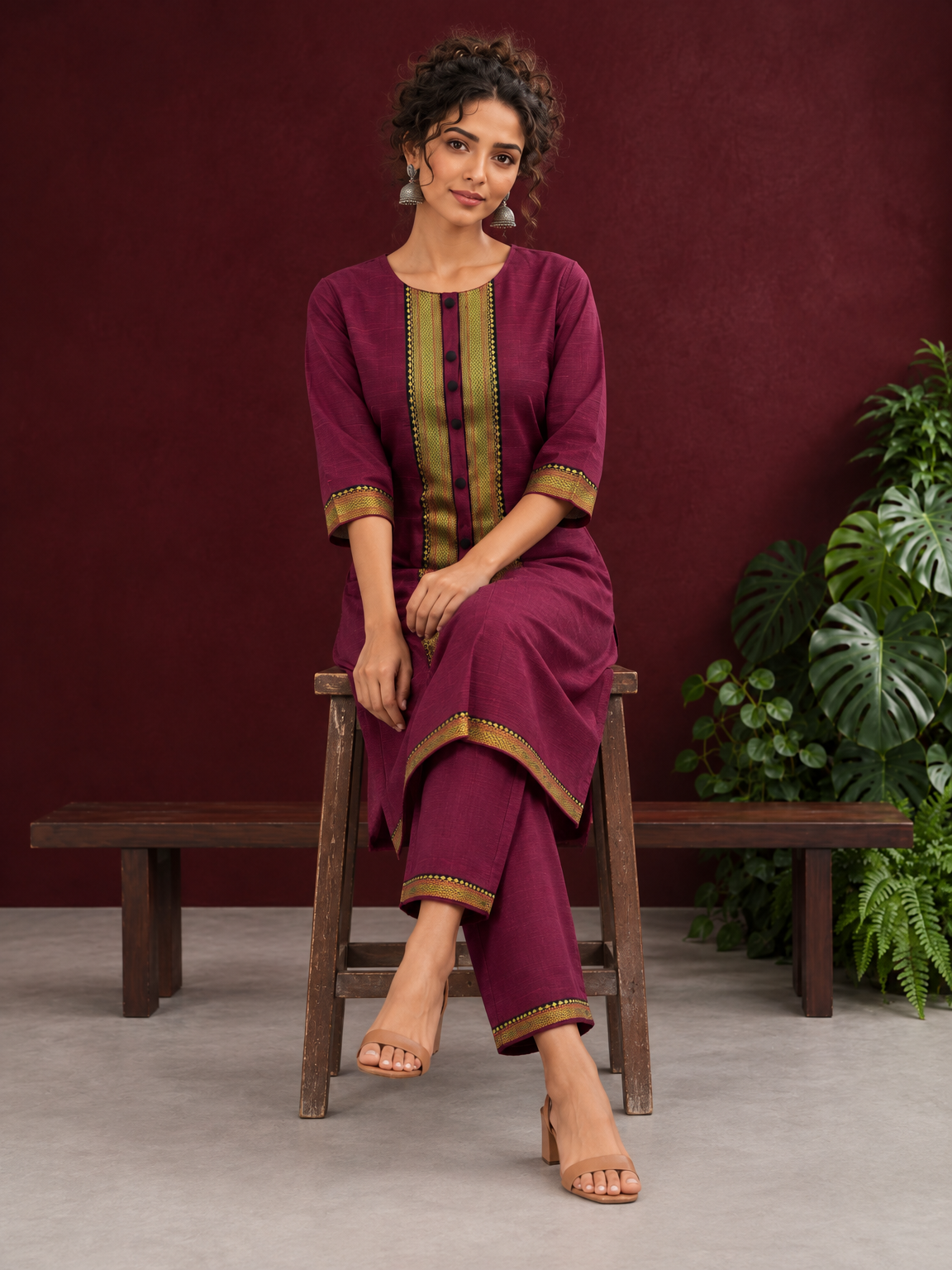Elegant Maroon Silk Kurta with Contrast Golden Zari Border Placket & Coordinated Sleeve Cuffs — seated