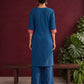 Elegant Peacock Blue Cotton Kurta with Contrast Pink & Gold Woven Border Neckline and Matching Salwar — back view