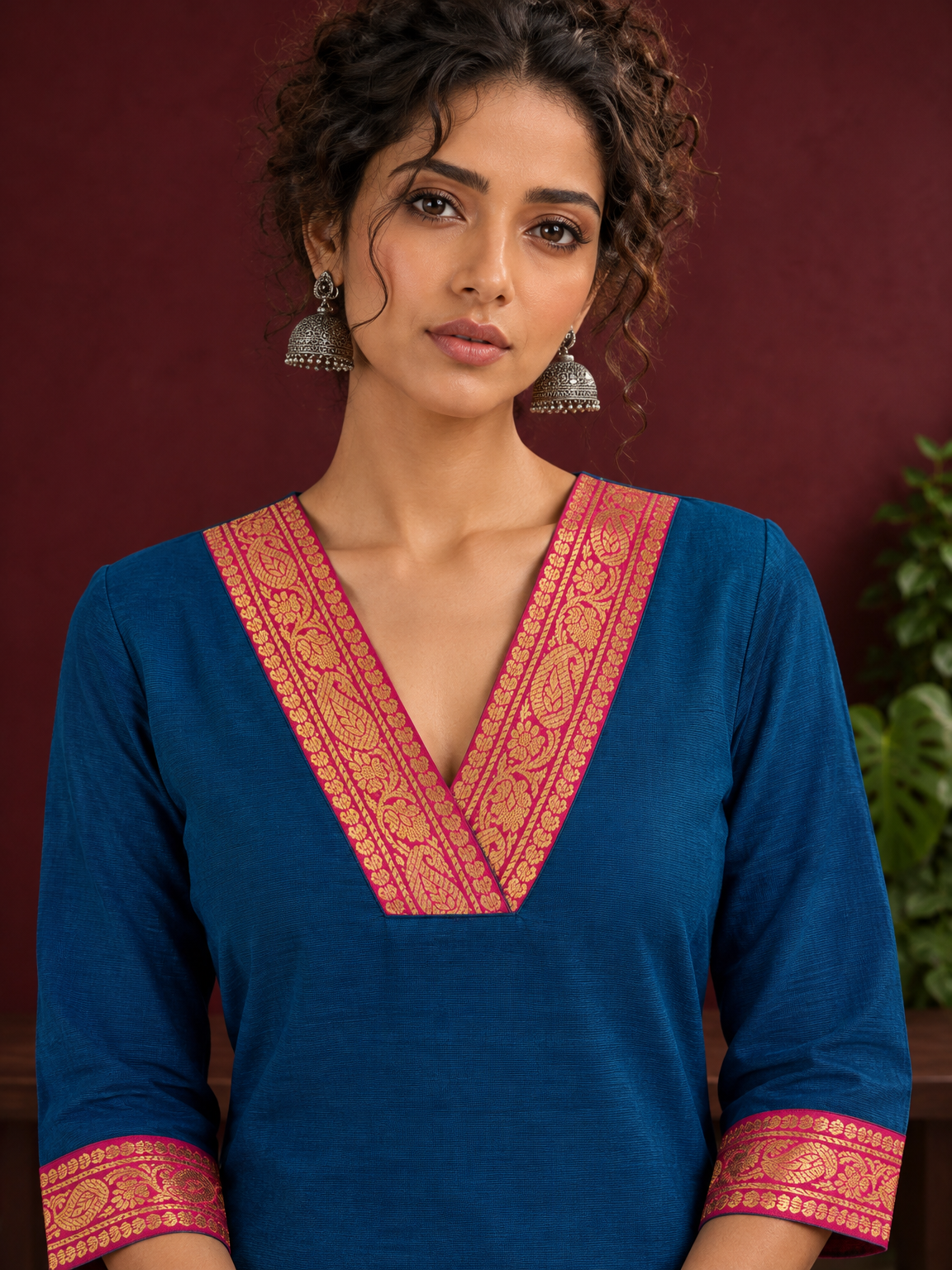 Elegant Peacock Blue Cotton Kurta with Contrast Pink & Gold Woven Border Neckline and Matching Salwar — fabric detail