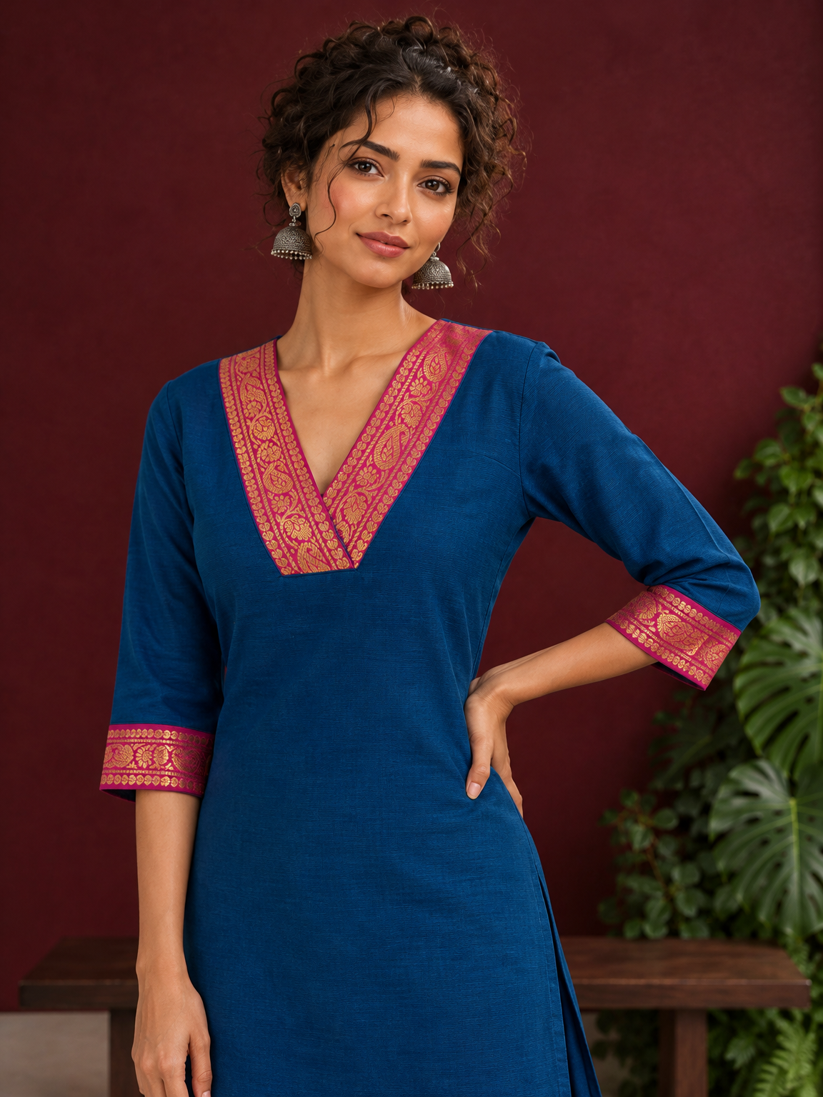 Elegant Peacock Blue Cotton Kurta with Contrast Pink & Gold Woven Border Neckline and Matching Salwar — styled view