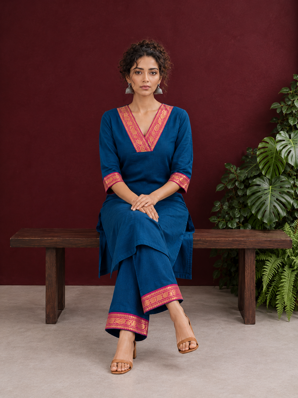 Elegant Peacock Blue Cotton Kurta with Contrast Pink & Gold Woven Border Neckline and Matching Salwar — seated