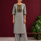 Elegant Sage Green Silk Kurta with Black zari Paisley Yoke & Contrast Sleeve Cuffs — front view