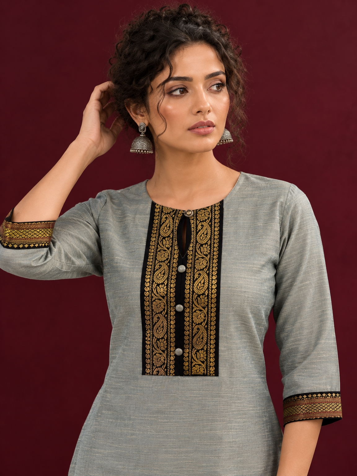 Elegant Sage Green Silk Kurta with Black zari Paisley Yoke & Contrast Sleeve Cuffs — styled view