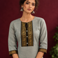 Elegant Sage Green Silk Kurta with Black zari Paisley Yoke & Contrast Sleeve Cuffs — fabric detail