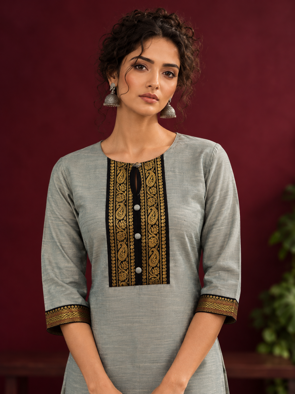 Elegant Sage Green Silk Kurta with Black zari Paisley Yoke & Contrast Sleeve Cuffs — fabric detail