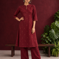 Elegant Maroon Cotton Silk Kurta with Golden Motif Print With Mandarin Collar — front view