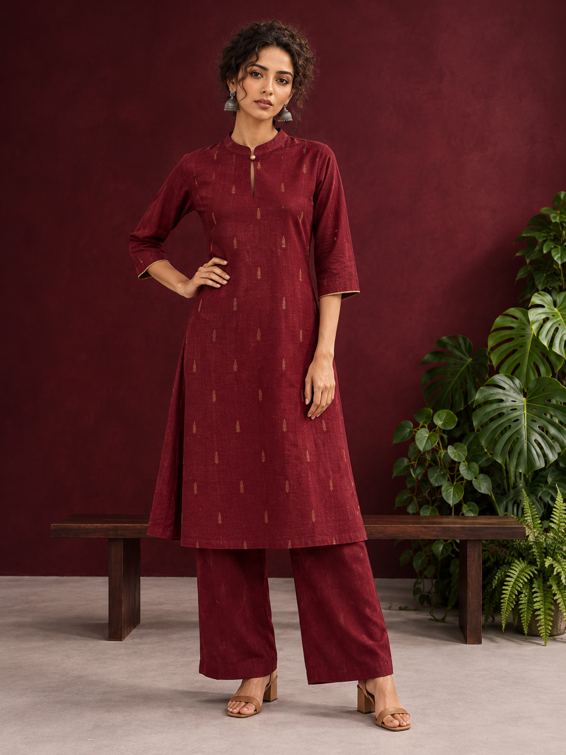Elegant Maroon Cotton Silk Kurta with Golden Motif Print With Mandarin Collar — front view