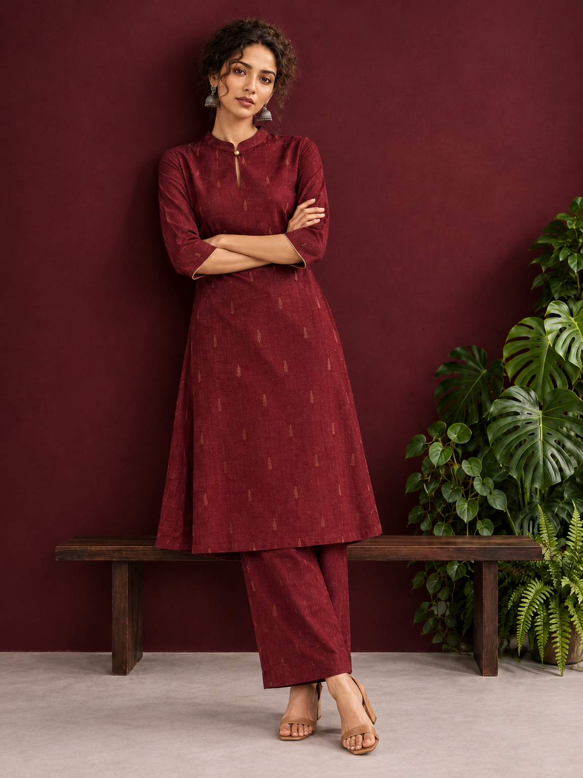 Elegant Maroon Cotton Silk Kurta with Golden Motif Print With Mandarin Collar — side view