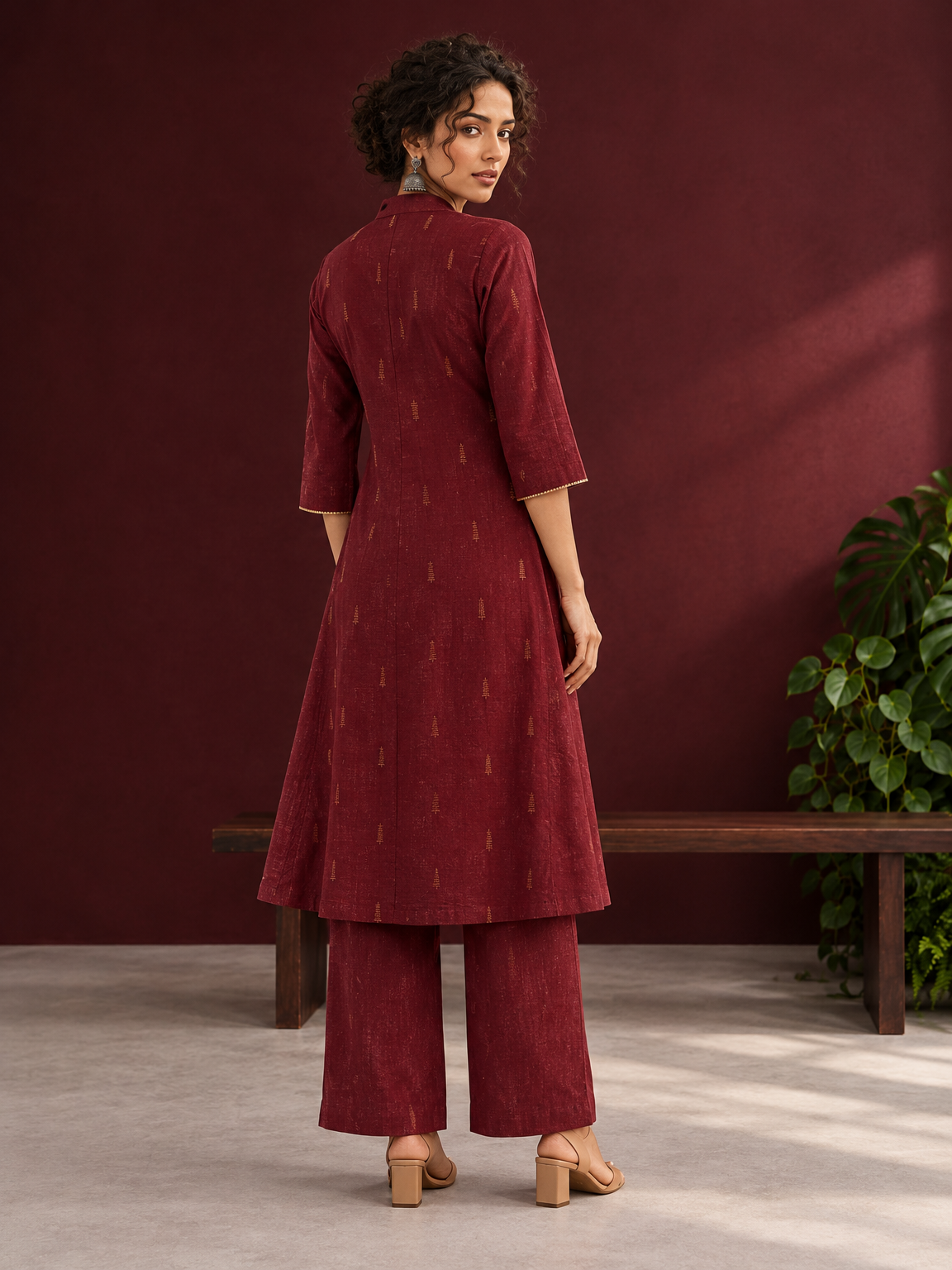Elegant Maroon Cotton Silk Kurta with Golden Motif Print With Mandarin Collar — back view