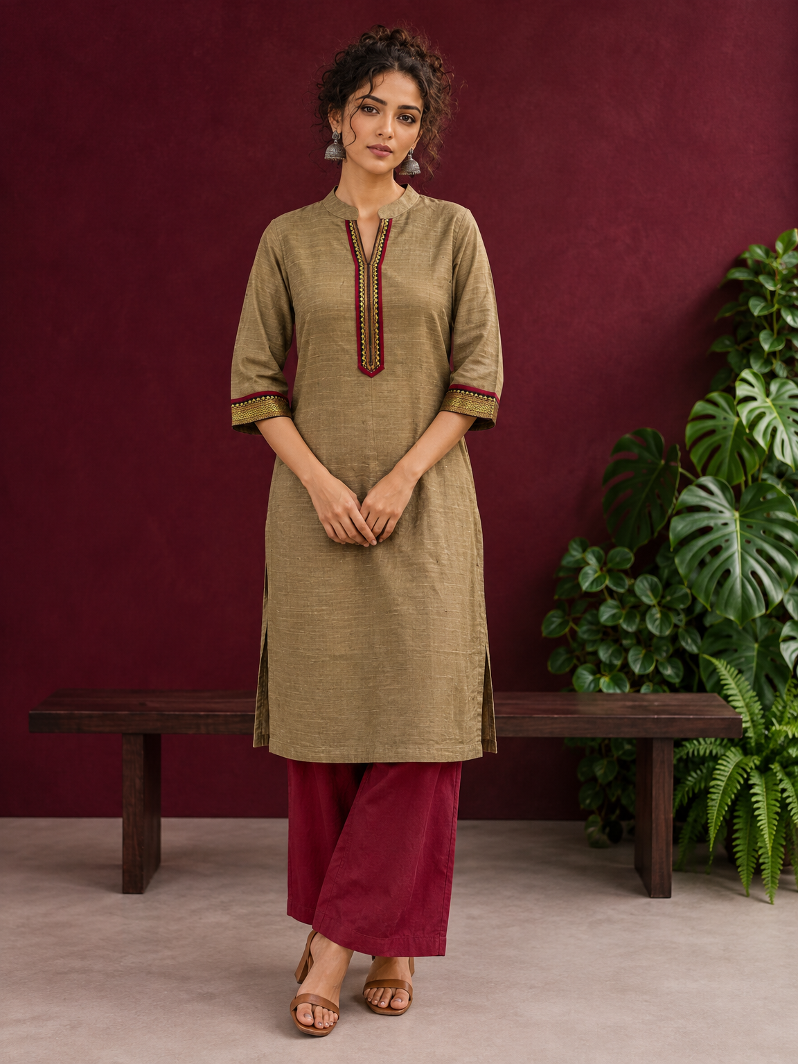 Elegant Gold Cotton-Silk Straight Kurta with Traditional Border Detailing — front view