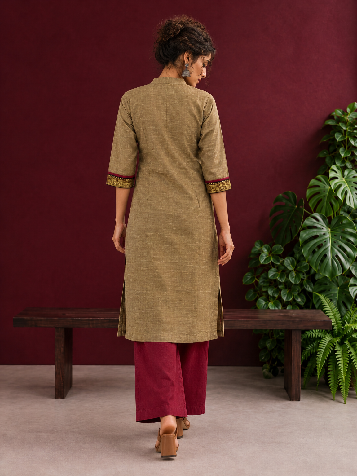 Elegant Gold Cotton-Silk Straight Kurta with Traditional Border Detailing — back view