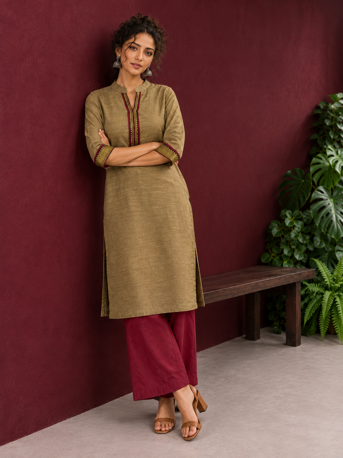 Elegant Gold Cotton-Silk Straight Kurta with Traditional Border Detailing — side view
