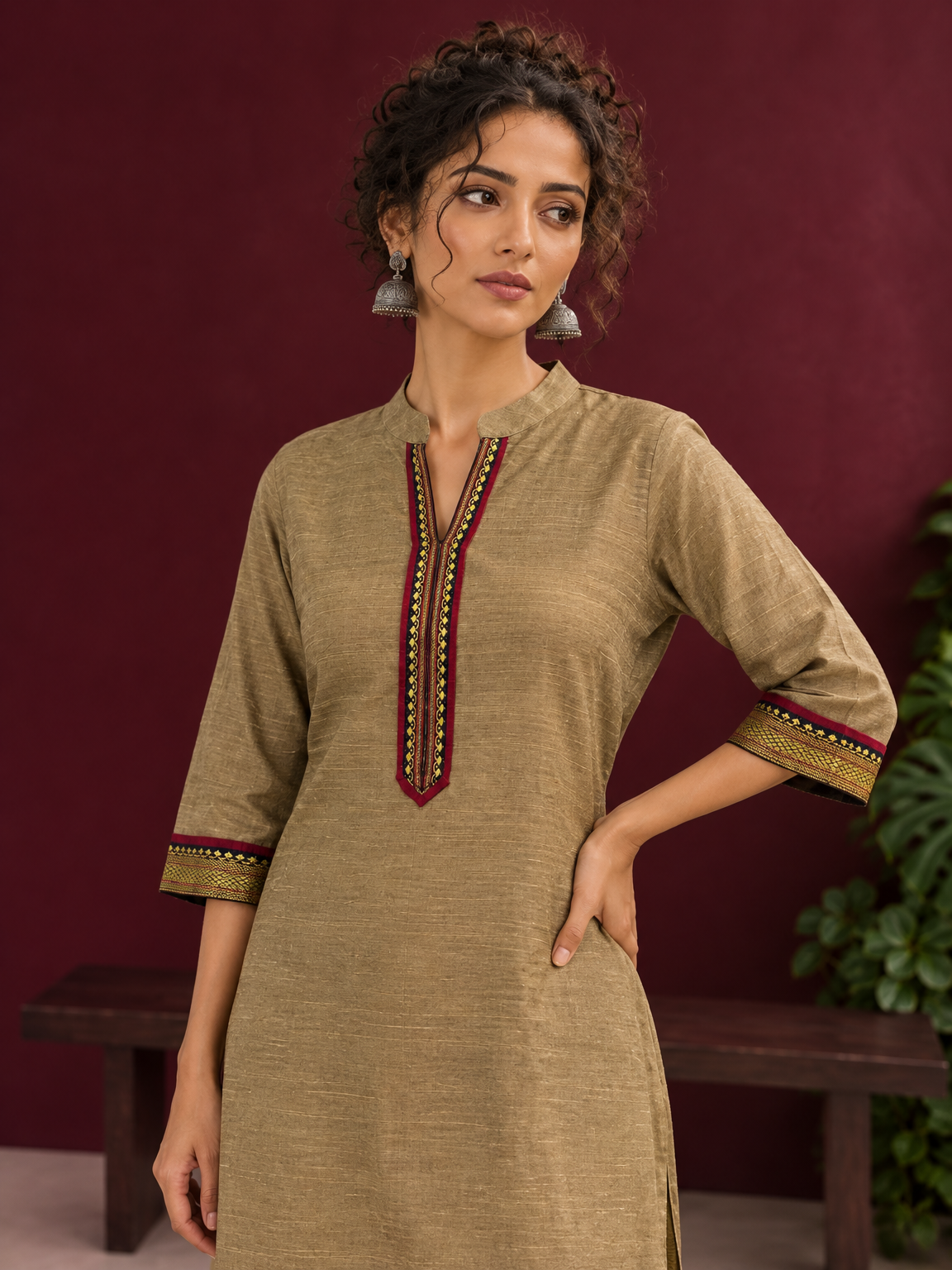 Elegant Gold Cotton-Silk Straight Kurta with Traditional Border Detailing — fabric detail