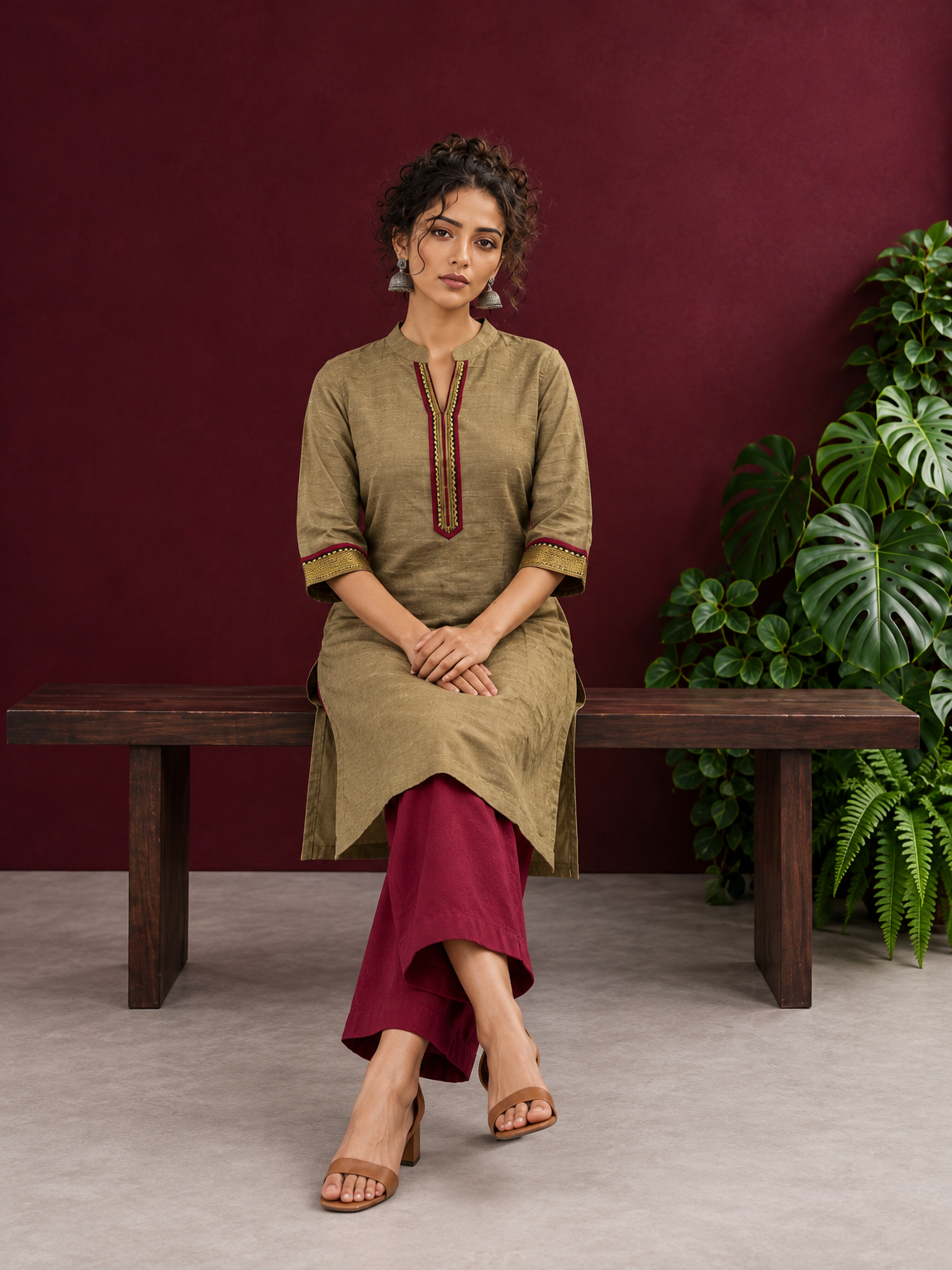 Elegant Gold Cotton-Silk Straight Kurta with Traditional Border Detailing — seated
