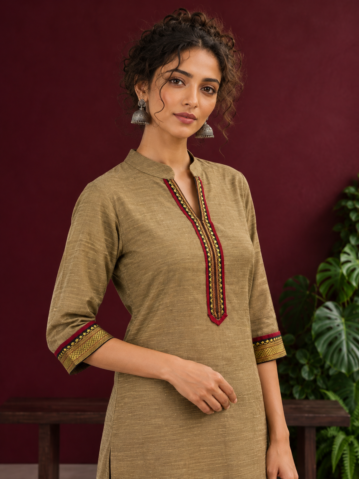 Elegant Gold Cotton-Silk Straight Kurta with Traditional Border Detailing — styled view