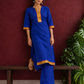 Elegant Royal Blue Cotton Silk Kurta with Contrast Mustard & Red Traditional Border On Neckline and Sleeve Cuffs — side view
