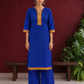 Elegant Royal Blue Cotton Silk Kurta with Contrast Mustard & Red Traditional Border On Neckline and Sleeve Cuffs — front view